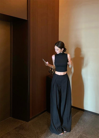 May. 個性簡約半高領純色背心 新款西裝休閒長褲 黑