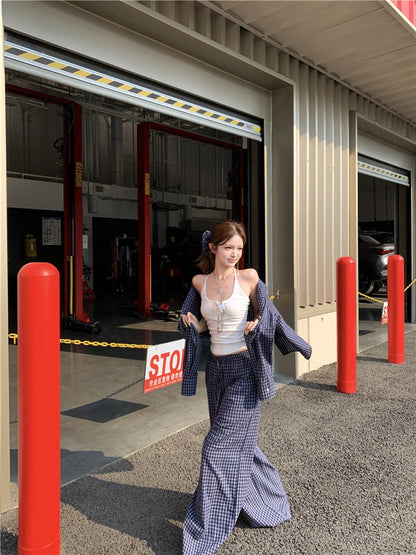 Jun. 奶藍泡芙休閒輕氧格紋襯衫 同花紋休閒褲 深藍格紋