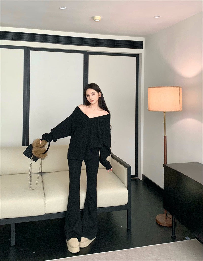 25Nov. 慵懶配套V小翻領針織休閒褲套裝 白/黑