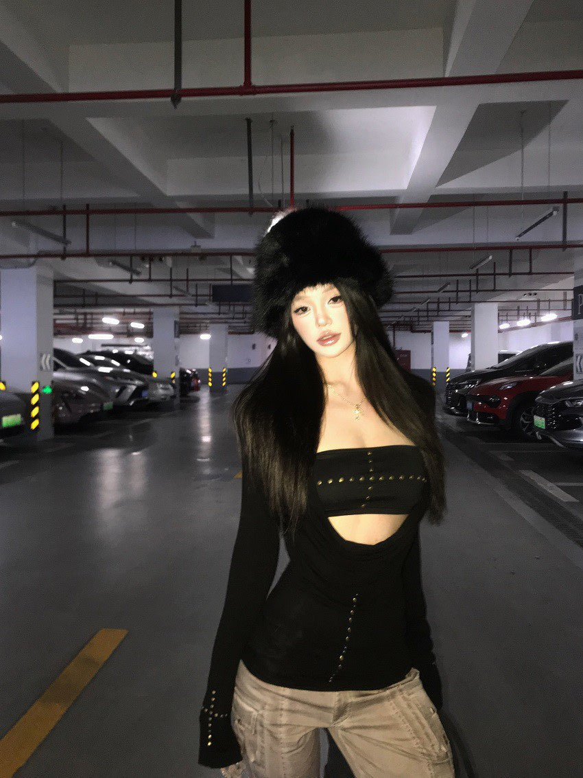 25Dec. 性感韓團女縷空錨釘上衣 黑