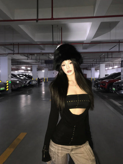 25Dec. 性感韓團女縷空錨釘上衣 黑