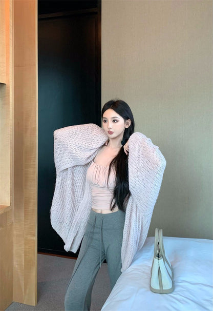 25Dec. 人無骨2.0慵懶穿粗針寬鬆外套 抽繩空氣棉休閒褲 灰粉系列