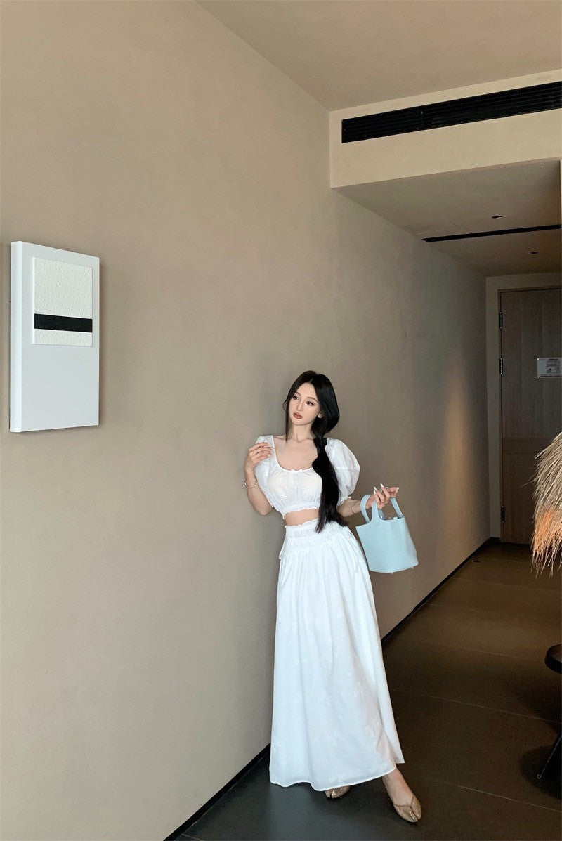 25Jul. 法式初戀小白花泡泡半身裙套裝 白