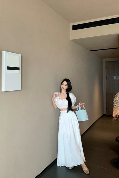 25Jul. 法式初戀小白花泡泡半身裙套裝 白