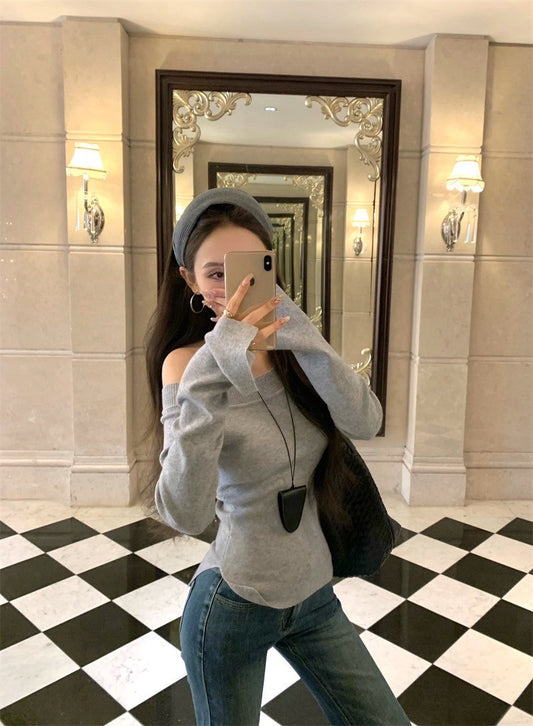 Mar. 美式墜愛 氣質修身斜領針織上衣 灰