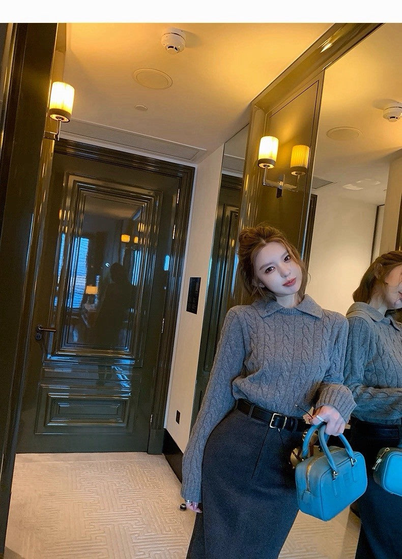 25Dec. 高智小圓33綿羊混毛翻/立領兩穿針織 灰