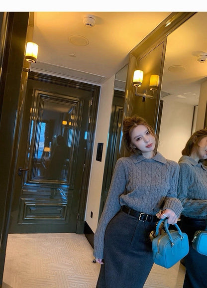 25Dec. 高智小圓33綿羊混毛翻/立領兩穿針織 灰