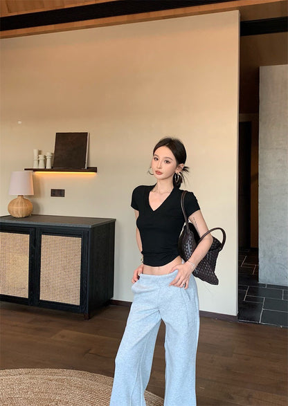 May. RO系列高腰休閒褲 必入V領顯瘦上衣 白/黑