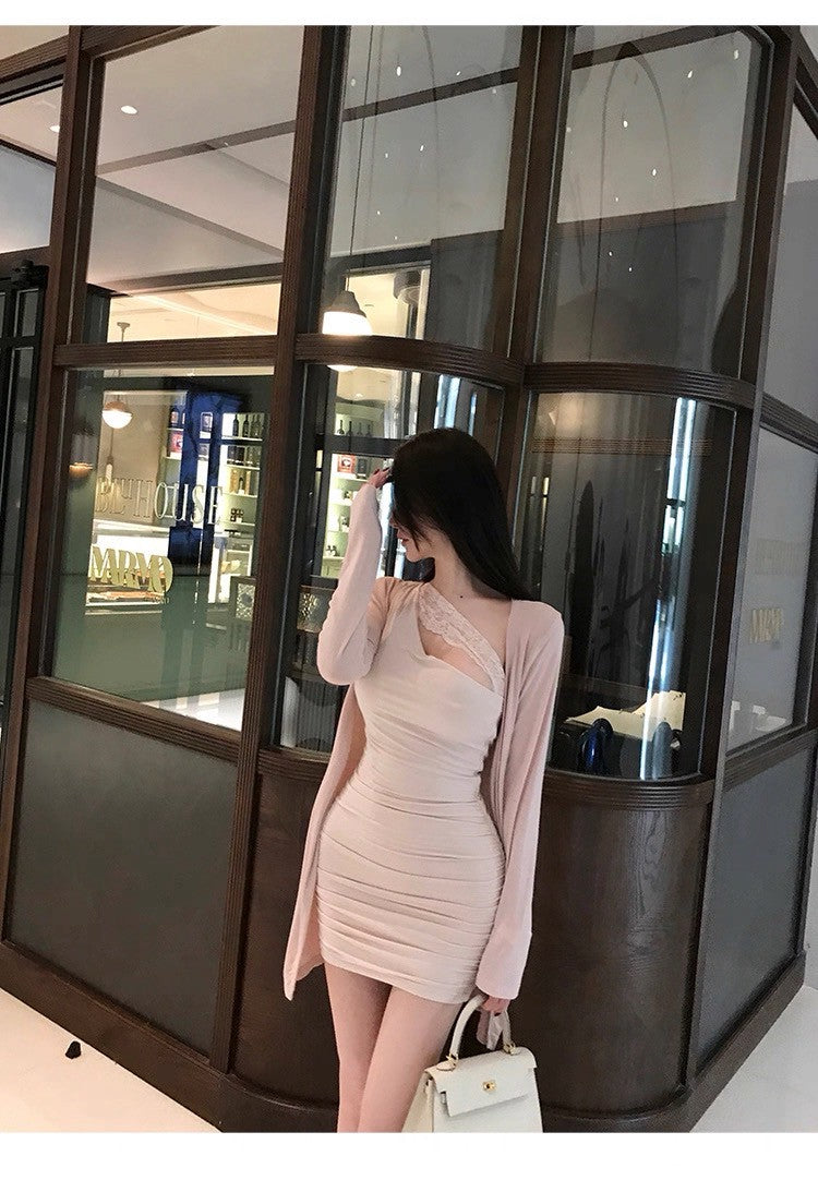 25Sep. 韓女設定純欲蕾絲斜領連身裙套裝 粉