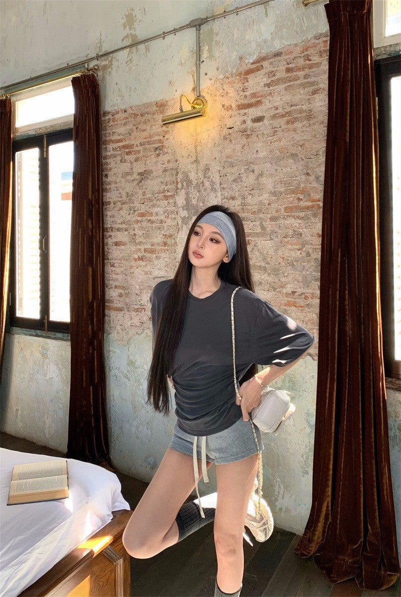26Apr. 慵懶個性女!寬鬆五分袖上衣 抽繩灰色短褲