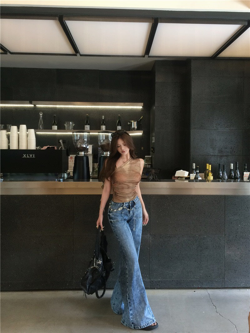 Jun. 復古回歸千禧美式網紗上衣 立體分割水洗喇叭牛仔褲