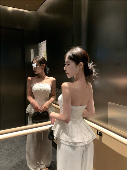 Jun. 茉莉花道韓系高雅抹胸上衣 棉麻休閒褲 白色