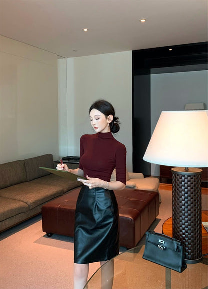 25Nov. 氣質基礎設計皮革修身半身裙 粉紫/咖/黑