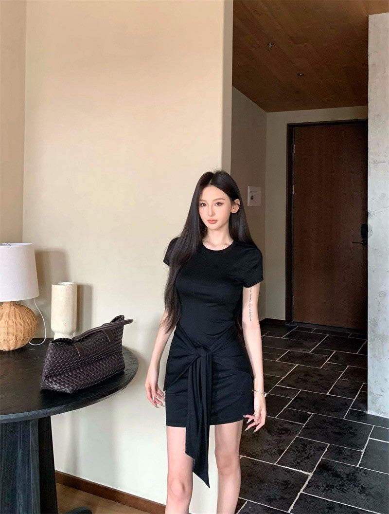 25Aug. 懶人單品 超模彈力圓領連身裙附繫帶 咖/黑