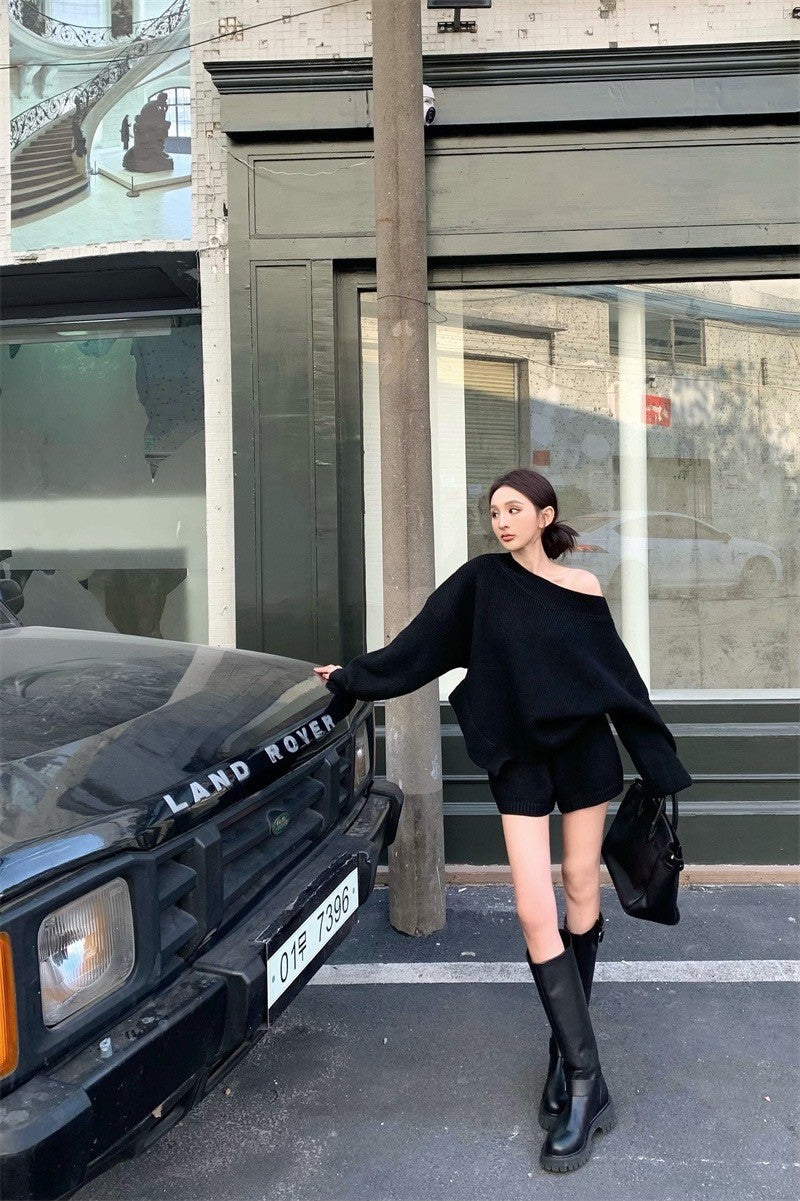 Apr. 美式慵懶 松露黑針織不規則上衣 短褲