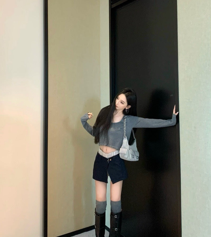 Jun. 可拆式設計款2件套褲裙 簡約U領寬鬆上衣 灰