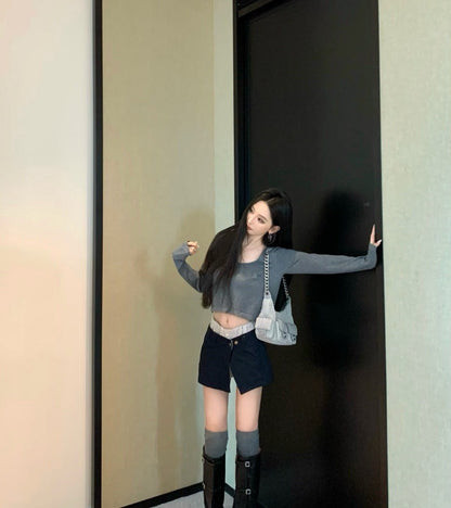 Jun. 可拆式設計款2件套褲裙 簡約U領寬鬆上衣 灰