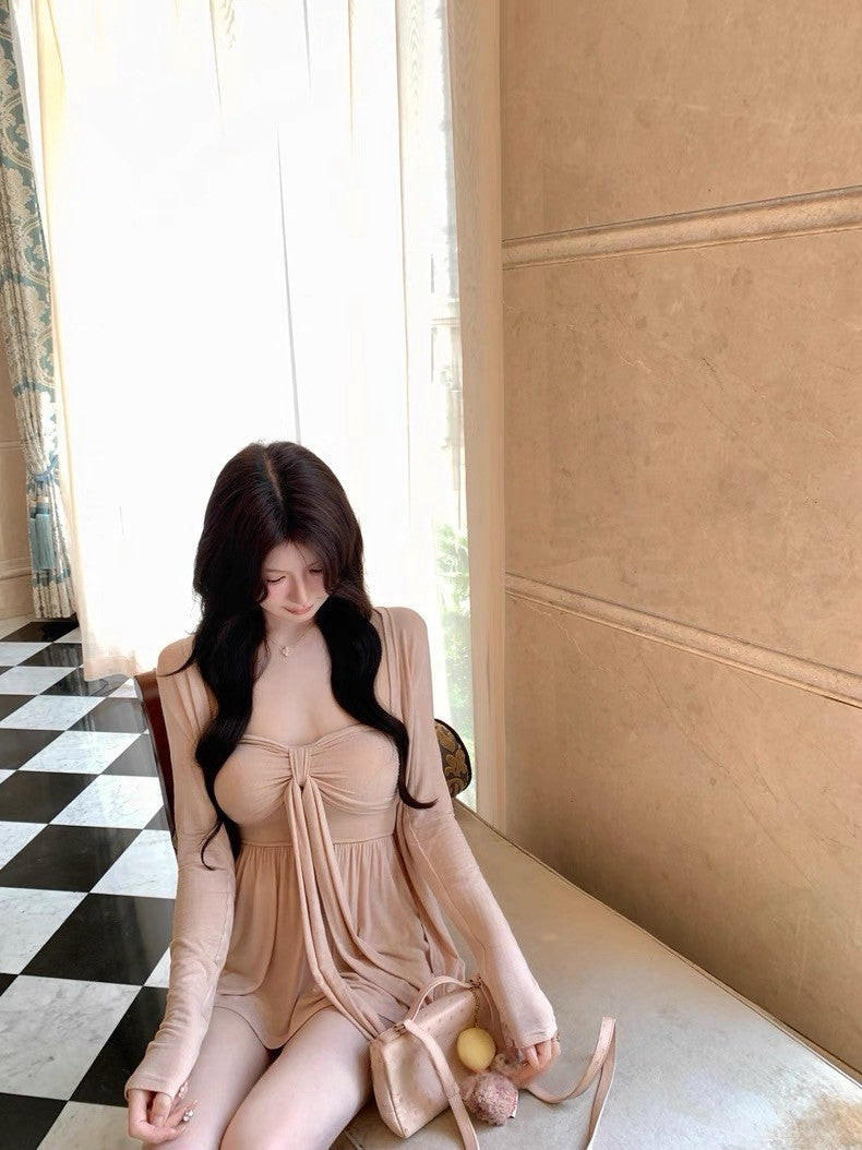 25Aug. 慵懶姐系 莫代爾抹胸外套2件組 粉