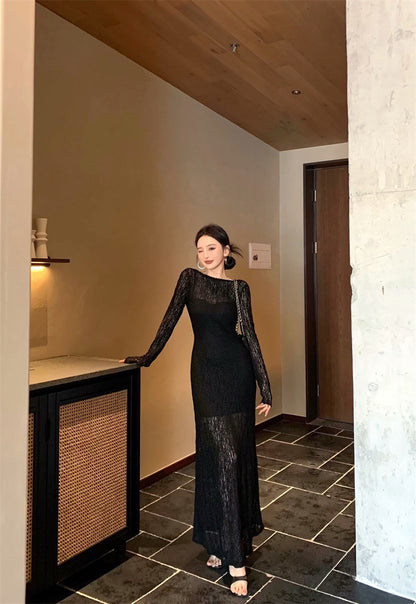 May. Backless dress歐美透視感疊穿連身裙（含內搭）黑
