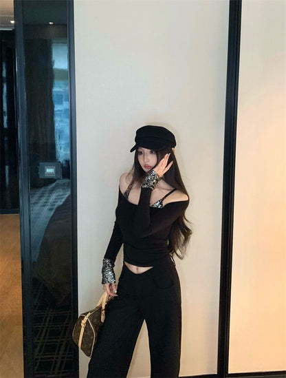 25Nov. 璀璨奪目假兩件式亮片拼接上衣 黑