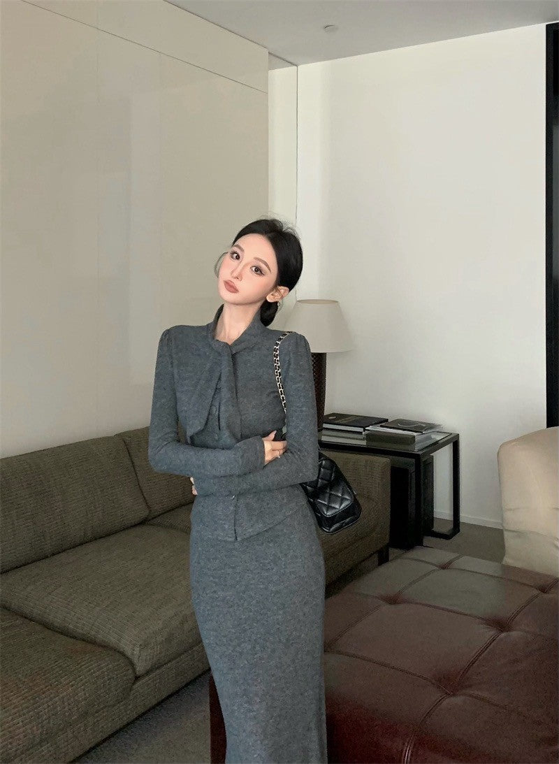 Feb. 氣質雅模 赫本領排扣針織外套半身裙套裝 灰