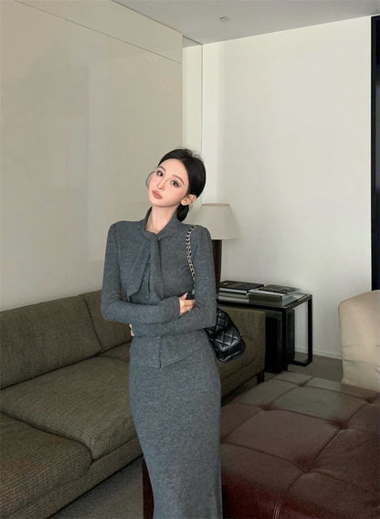 Feb. 氣質雅模 赫本領排扣針織外套半身裙套裝 灰