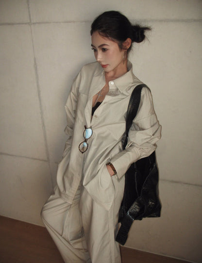 25Aug. 窒息慵懶高級感寬鬆條紋襯衫 抽繩休閒褲