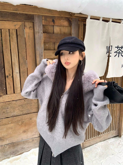 25Dec. 可拆卸奶油針織毛帽外套 杏/灰