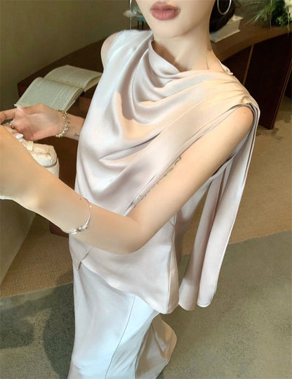 Jun. 羅馬Intellectual新法式緞感飄帶背心半身裙套裝 粉杏