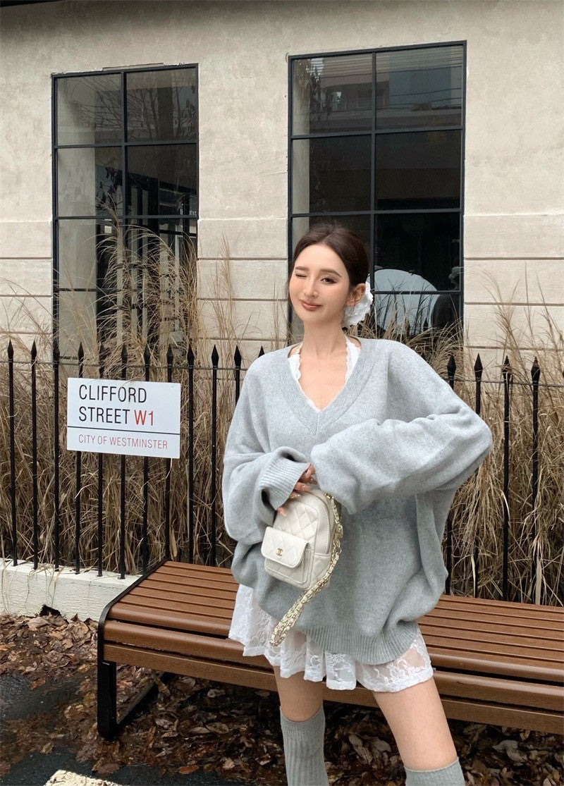 Oct. 暖心coco 高磅羊毛V領百搭粉色/灰色上衣 蕾絲連身裙