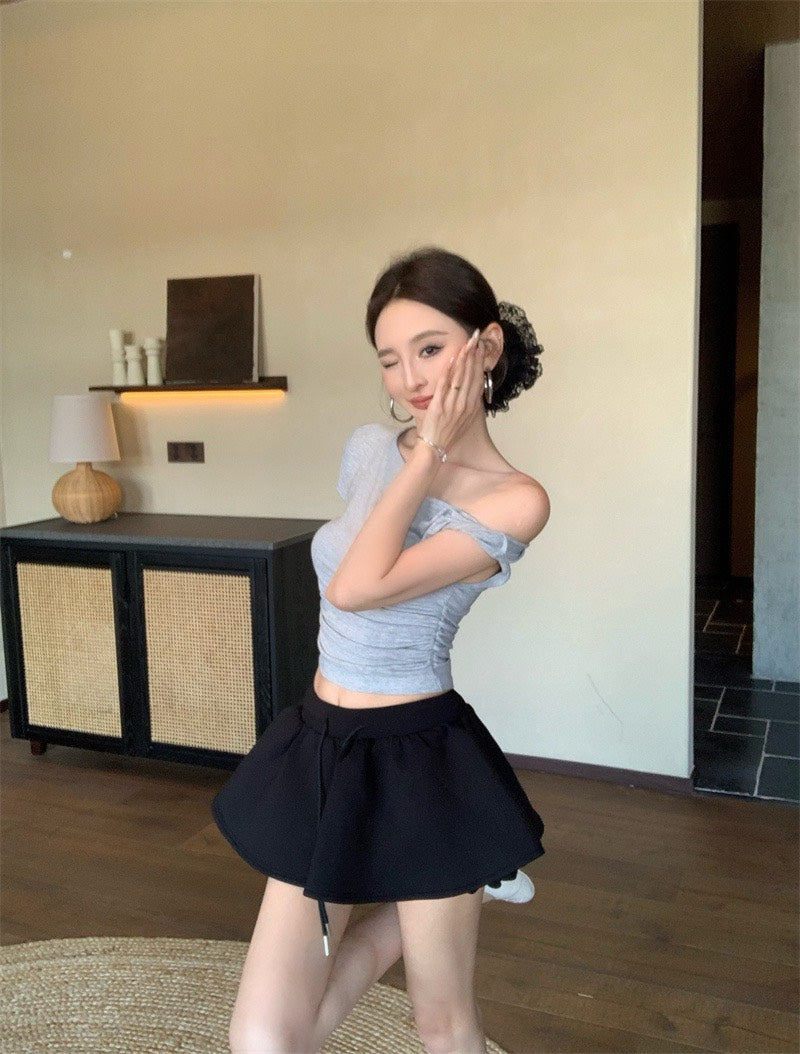 Jun. 簡約好看 基礎露肩修身上衣 灰/黑