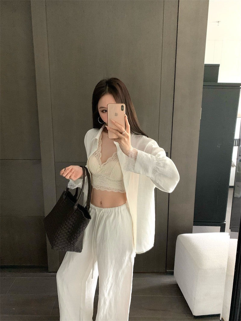 Jun. 100萦麻outfits系列 多版設計涼爽蕾絲拼袖襯衫 抽繩休閒褲 米色