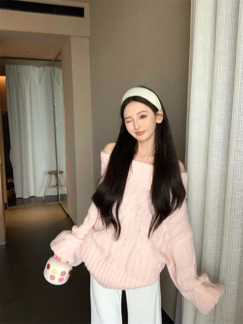 25Dec. Romantic慵懶純慾vibe一字領麻花針織上衣 粉/灰