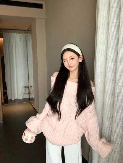 25Dec. Romantic慵懶純慾vibe一字領麻花針織上衣 粉/灰