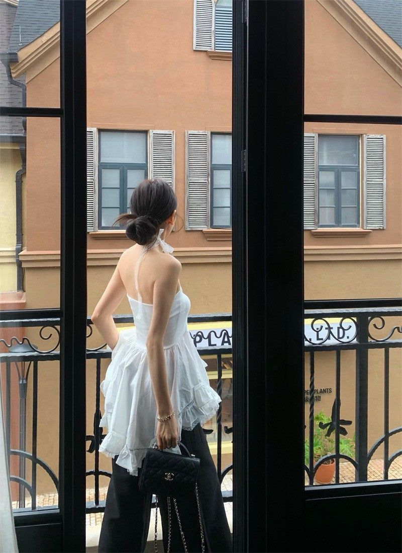 May. 布達佩斯 優雅不規則拼接垂墜抹胸 附蕾絲繞脖