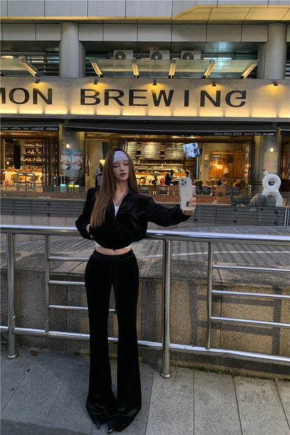 May. 復古disco 休閒黑色絲絨連帽外套 微喇叭休閒褲