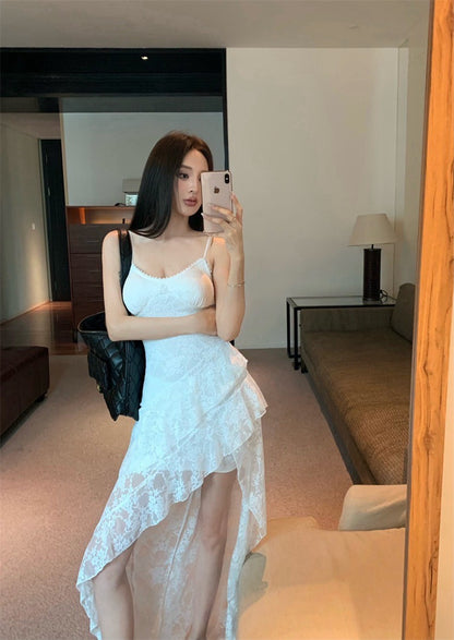 Mar. 與愛共舞 芭蕾蕾絲不規則蕾絲裙擺連身裙 白