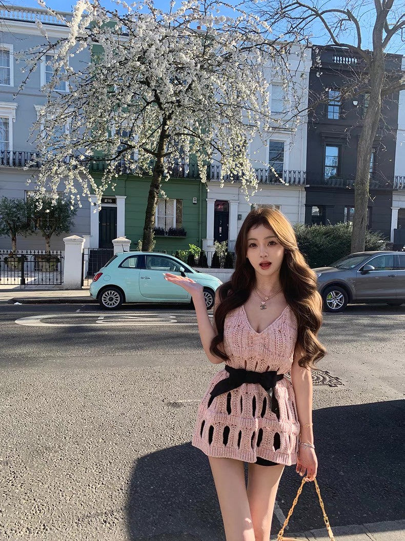 Jun. 重工25香奶奶粗針縷空背心針織上衣 粉