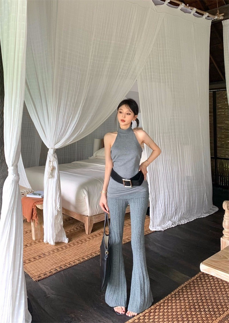 Apr. 復古辣妹 削肩挖背顯瘦背心 麻花反折針織喇叭褲 灰