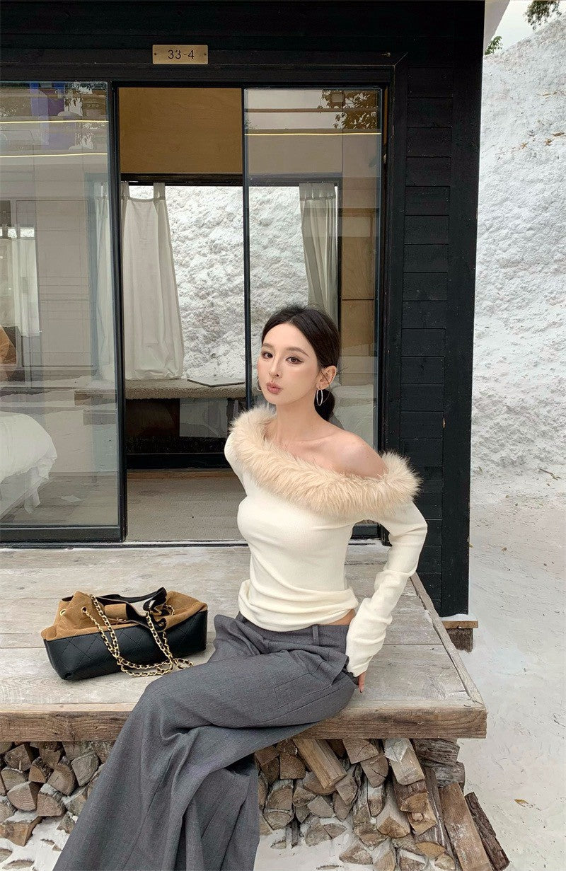 26Jan. 香肩反叛一字領毛毛長袖上衣 杏