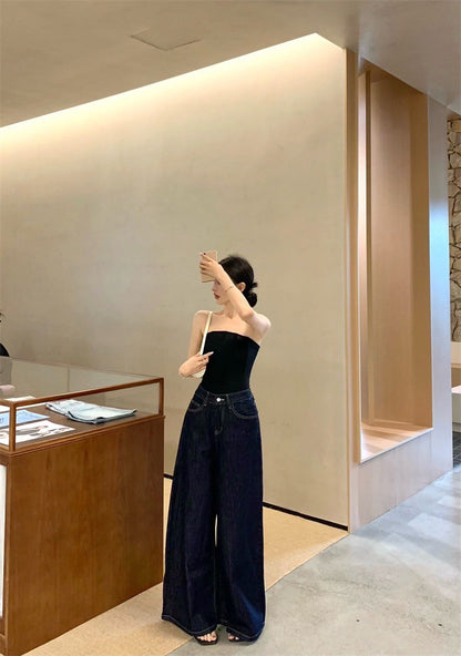 Jun. 古典攻略 魚骨曲線修身抹胸 黑 遮胯寬顯瘦高腰牛仔褲