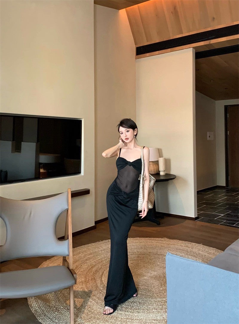 25Aug. 歐美女明星性感拼接紗吊帶連身裙 黑