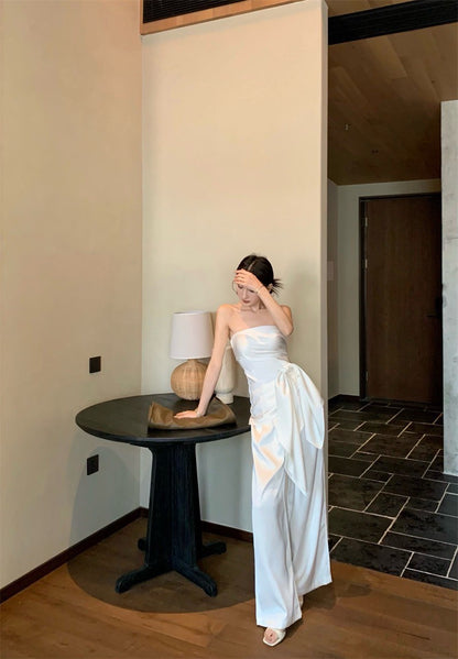 May. 米蘭假期 優雅可拆絲帶抹胸 休閒闊腿褲 白