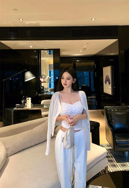 25Nov. 花邊少女顯瘦背心開衫2件組 白色鬆緊休閒褲