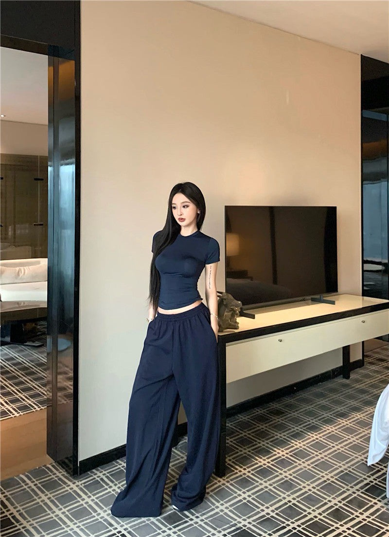 May. 經典Skims春夏版型 修身彈力純色上衣 休閒褲 藏青