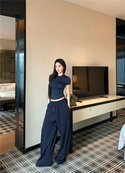 May. 經典Skims春夏版型 修身彈力純色上衣 休閒褲 藏青