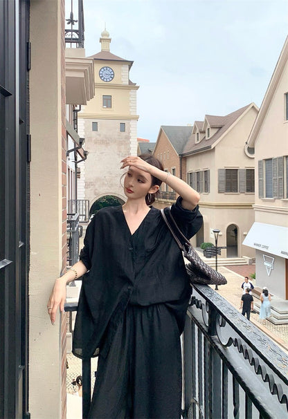 25Jul. 日常通勤穿 夏日簡約襯衫闊腿褲套裝 杏/黑