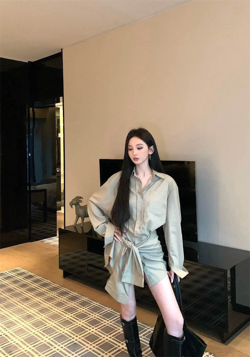 25Nov. 愛逗私服慵懶個性繫帶式襯衫裙 卡其
