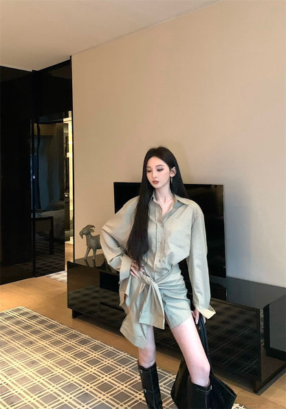 25Nov. 愛逗私服慵懶個性繫帶式襯衫裙 卡其