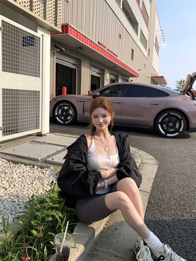 Jun. 美式寬鬆輕薄防曬連帽工裝外套 黑色